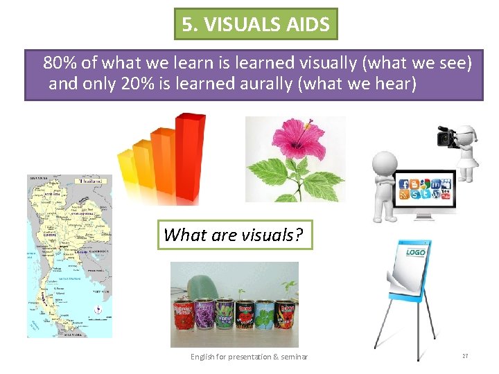 5. VISUALS AIDS 80% of what we learn is learned visually (what we see)