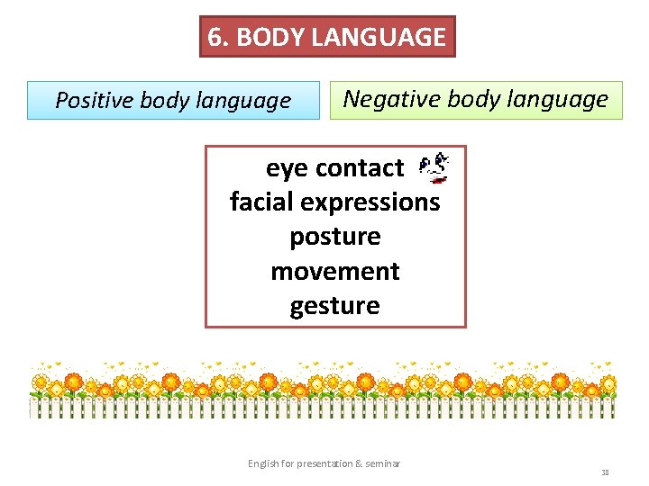 6. BODY LANGUAGE Positive body language Negative body language eye contact facial expressions posture