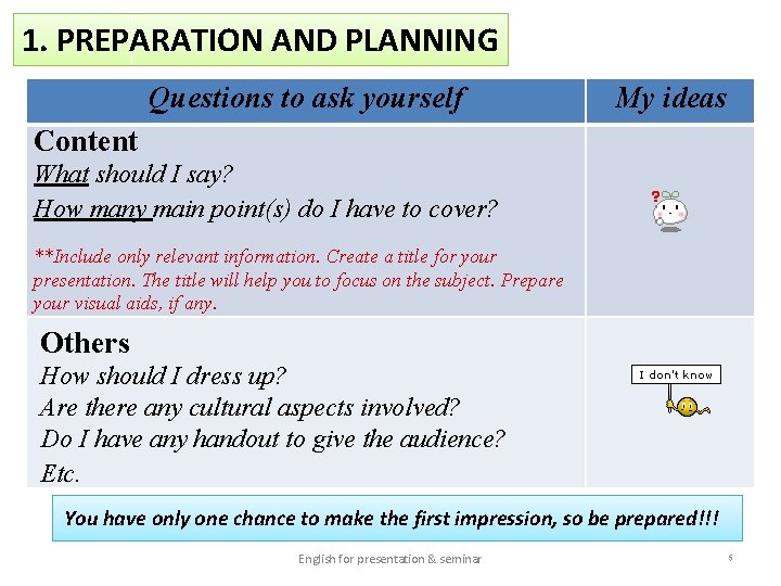 1. PREPARATION AND PLANNING Questions to ask yourself My ideas Content What should I