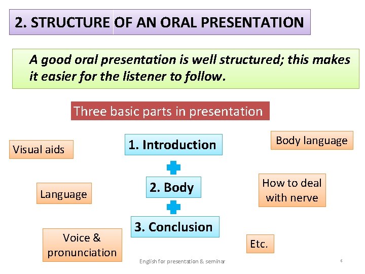 2. STRUCTURE OF AN ORAL PRESENTATION A good oral presentation is well structured; this