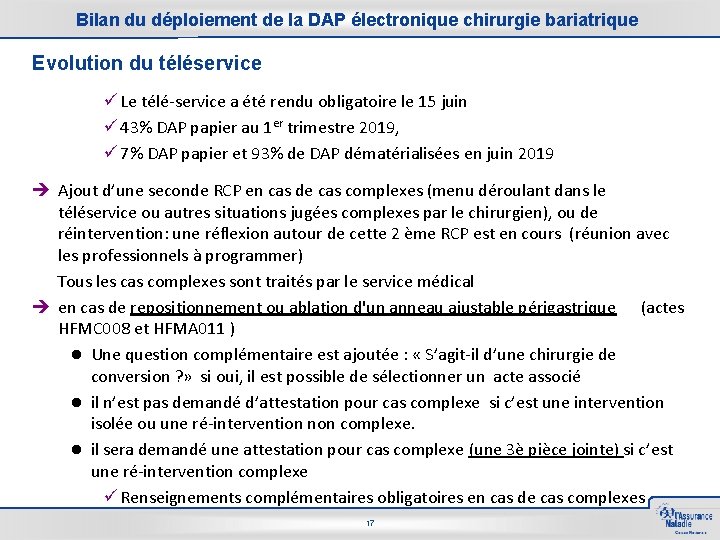 Bilan du déploiement de la DAP électronique chirurgie bariatrique Evolution du téléservice ü Le