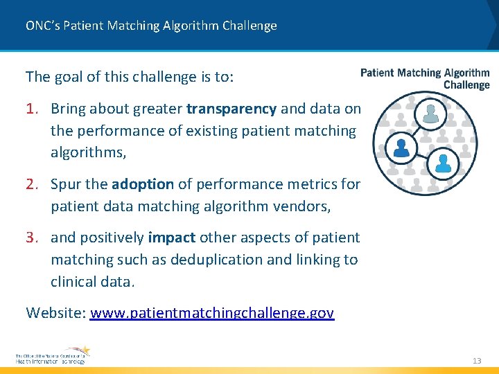 ONC’s Patient Matching Algorithm Challenge The goal of this challenge is to: 1. Bring