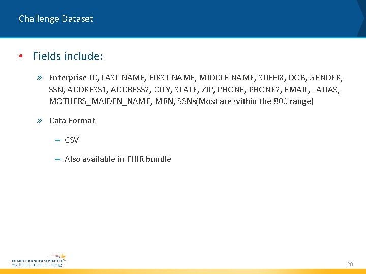 Challenge Dataset • Fields include: » Enterprise ID, LAST NAME, FIRST NAME, MIDDLE NAME,