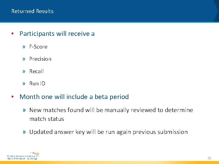 Returned Results • Participants will receive a » F-Score » Precision » Recall »