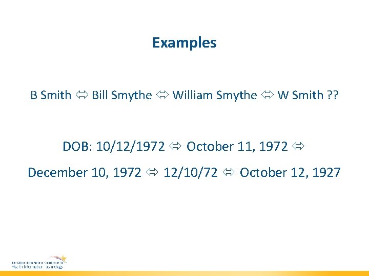Examples B Smith Bill Smythe William Smythe W Smith ? ? DOB: 10/12/1972 October