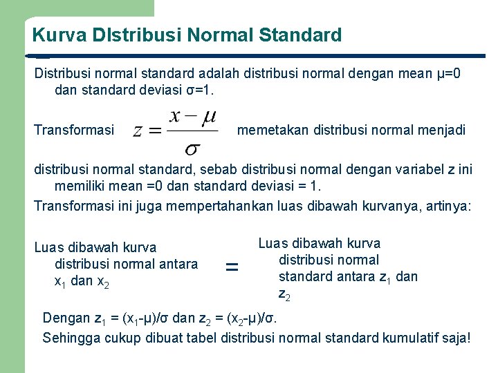 Kurva DIstribusi Normal Standard Distribusi normal standard adalah distribusi normal dengan mean μ=0 dan