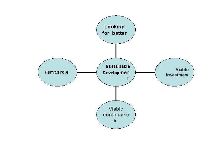 Looking for better Human role Sustainable Developmen t Viable continuanc e Viable investment 