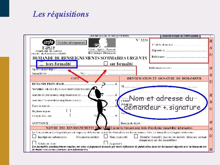 Les réquisitions Nom et adresse du demandeur + signature 