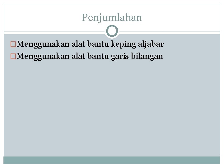 Penjumlahan �Menggunakan alat bantu keping aljabar �Menggunakan alat bantu garis bilangan 