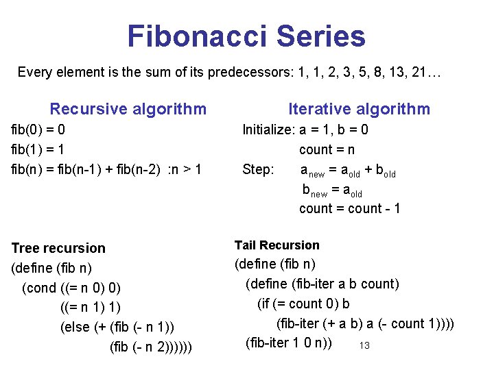 Fibonacci Series Every element is the sum of its predecessors: 1, 1, 2, 3,