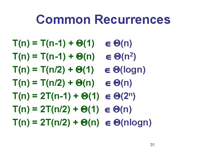 Common Recurrences T(n) = T(n-1) + (1) T(n) = T(n-1) + (n) T(n) =