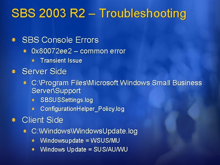 SBS 2003 R 2 – Troubleshooting SBS Console Errors 0 x 80072 ee 2