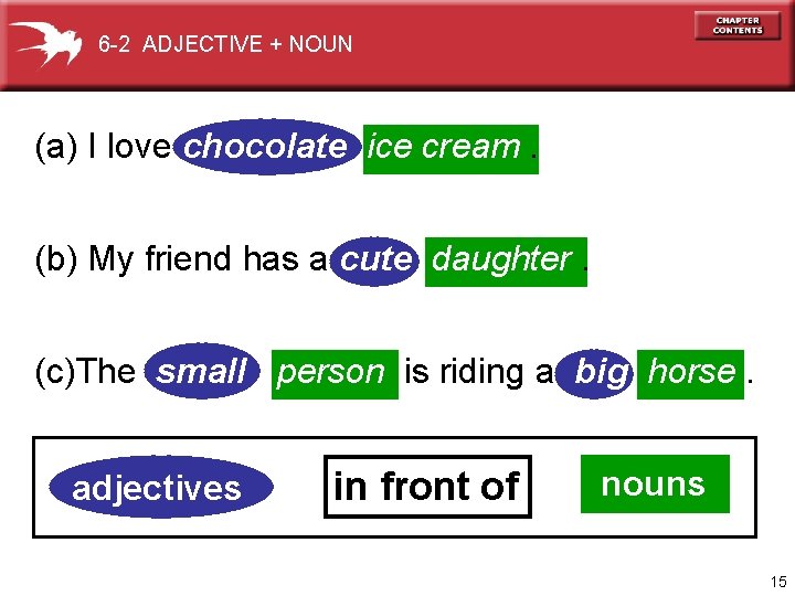 6 -2 ADJECTIVE + NOUN (a) I love chocolate ice cream. (b) My friend