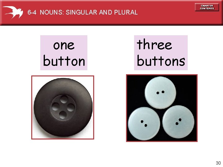6 -4 NOUNS: SINGULAR AND PLURAL one button three buttons 30 