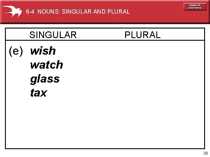 6 -4 NOUNS: SINGULAR AND PLURAL SINGULAR PLURAL (e) wish watch glass tax 38