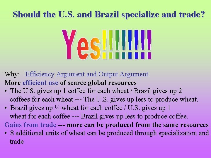Should the U. S. and Brazil specialize and trade? Why: Efficiency Argument and Output