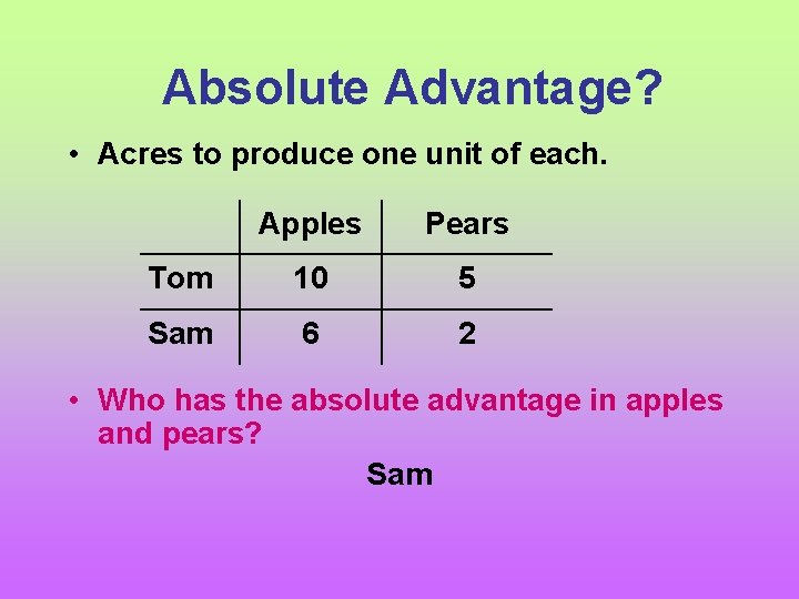 Absolute Advantage? • Acres to produce one unit of each. Apples Pears Tom 10