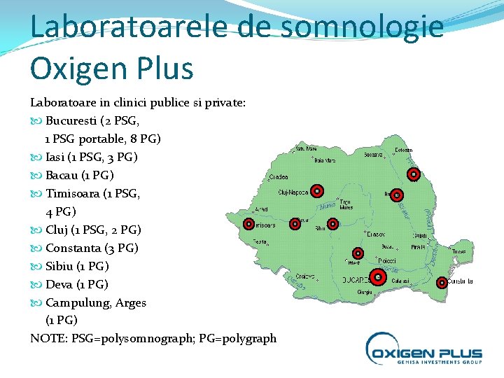 Laboratoarele de somnologie Oxigen Plus Laboratoare in clinici publice si private: Bucuresti (2 PSG,