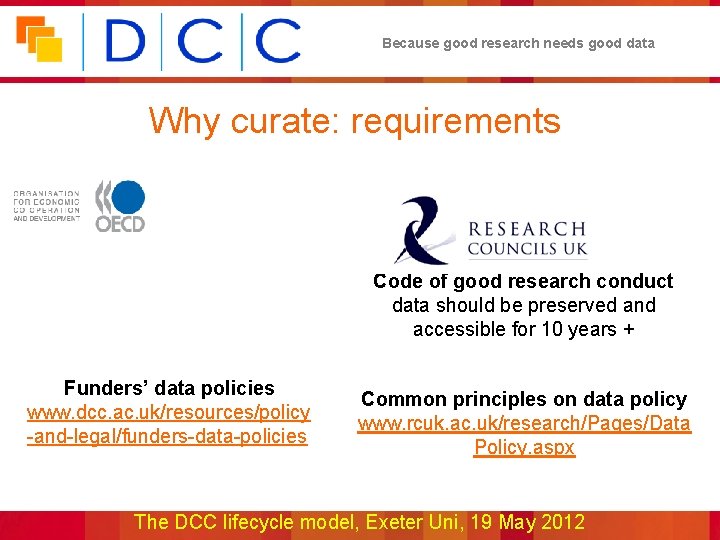Because good research needs good data Why curate: requirements Code of good research conduct