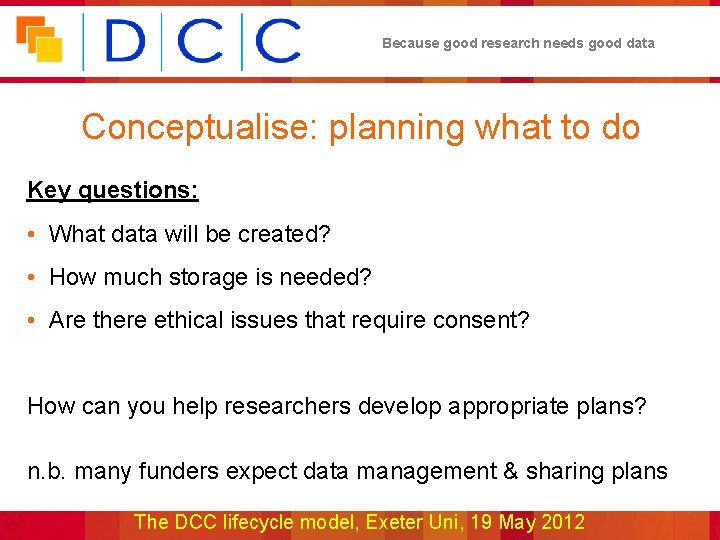 Because good research needs good data Conceptualise: planning what to do Key questions: •