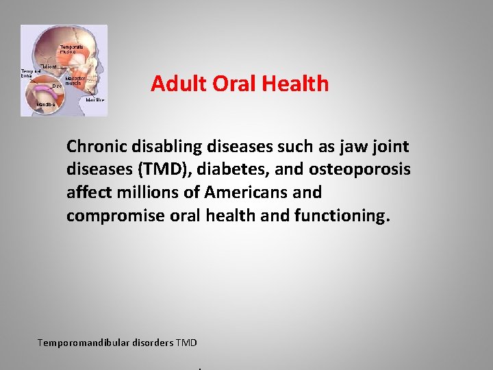 Adult Oral Health Chronic disabling diseases such as jaw joint diseases (TMD), diabetes, and