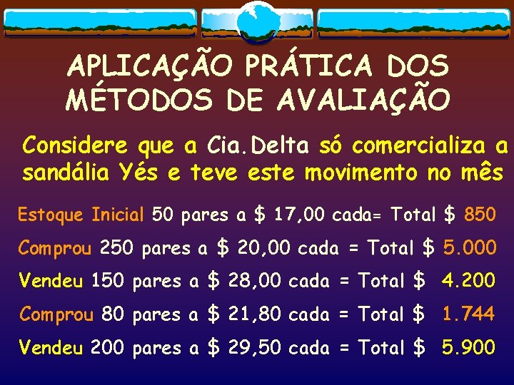 APLICAÇÃO PRÁTICA DOS MÉTODOS DE AVALIAÇÃO Considere que a Cia. Delta só comercializa a