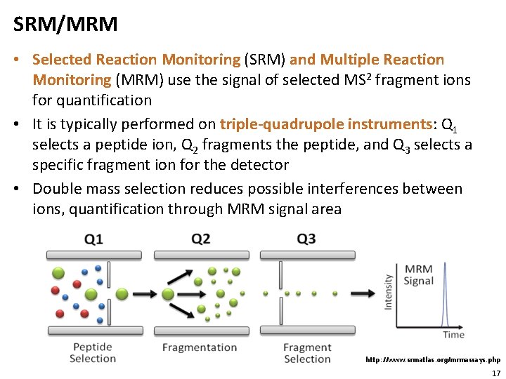 SRM/MRM • Selected Reaction Monitoring (SRM) and Multiple Reaction Monitoring (MRM) use the signal