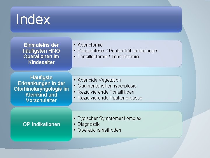 Index Einmaleins der häufigsten HNO Operationen im Kindesalter Häufigste Erkrankungen in der Otorhinolaryngologie im