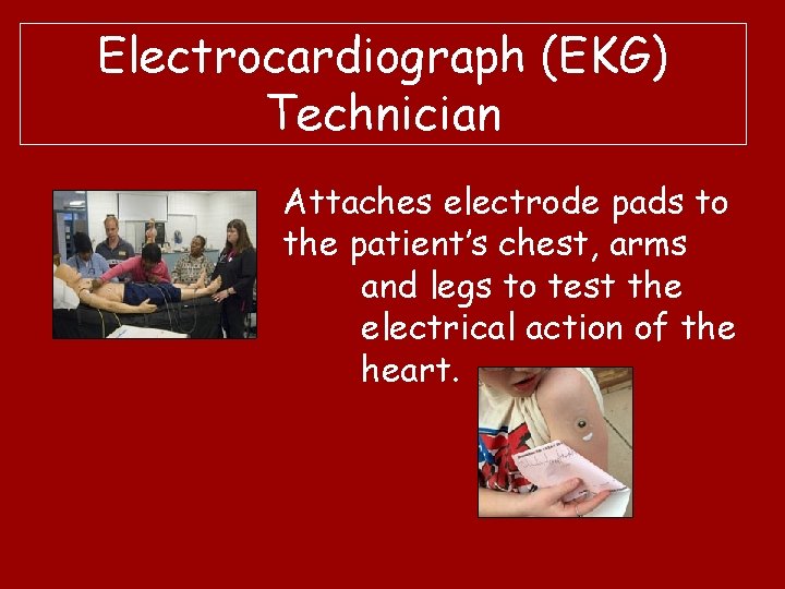 Electrocardiograph (EKG) Technician Attaches electrode pads to the patient’s chest, arms and legs to