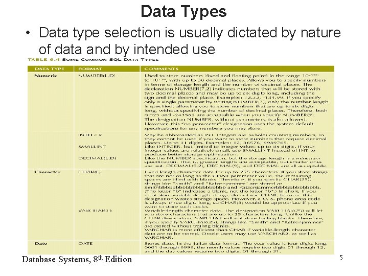 Data Types • Data type selection is usually dictated by nature of data and