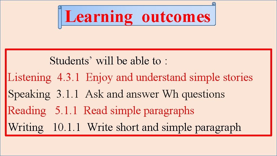 Learning outcomes Students’ will be able to : Listening 4. 3. 1 Enjoy and Learning outcomes Students’ will be able to : Listening 4. 3. 1 Enjoy and
