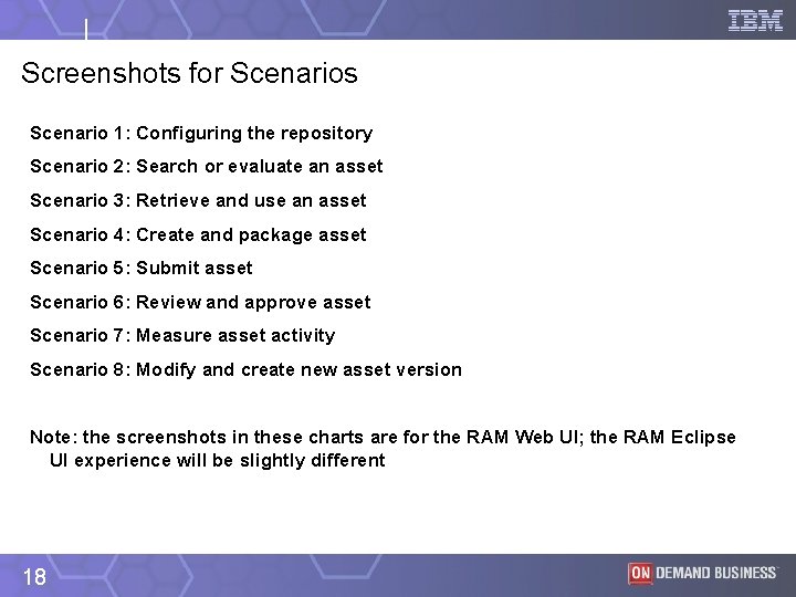 Screenshots for Scenarios Scenario 1: Configuring the repository Scenario 2: Search or evaluate an