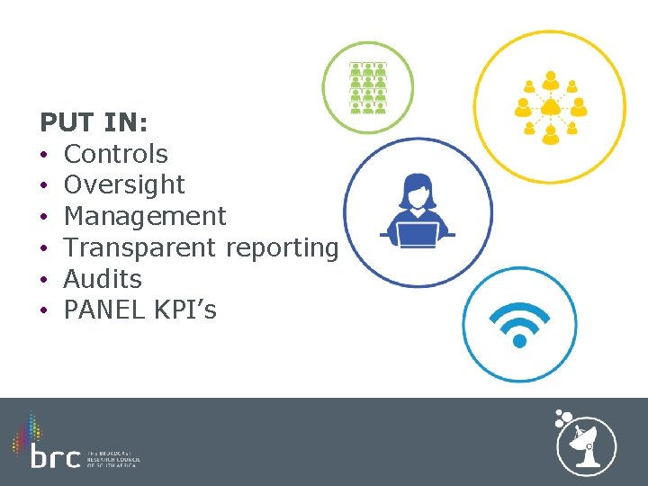 PUT IN: • Controls • Oversight • Management • Transparent reporting • Audits •