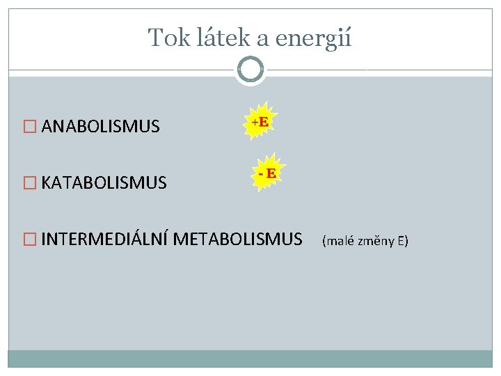 Tok látek a energií � ANABOLISMUS � KATABOLISMUS +E -E � INTERMEDIÁLNÍ METABOLISMUS (malé