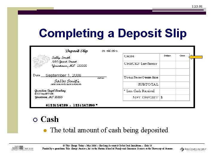 1. 2. 3. G 1 Completing a Deposit Slip ¡ Cash l The total