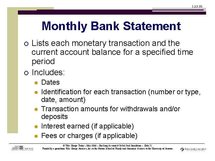 1. 2. 3. G 1 Monthly Bank Statement ¡ ¡ Lists each monetary transaction