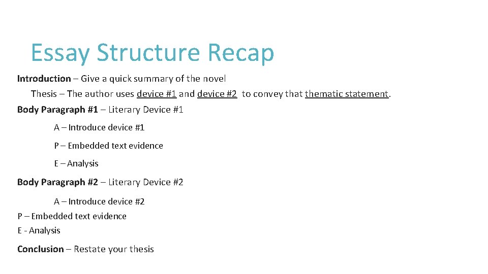 Essay Structure Recap Introduction – Give a quick summary of the novel Thesis –