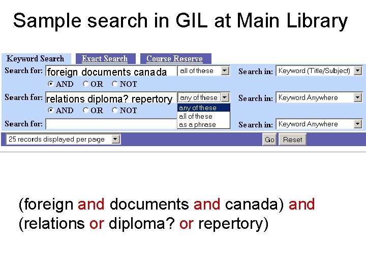 Sample search in GIL at Main Library foreign documents canada relations diploma? repertory (foreign