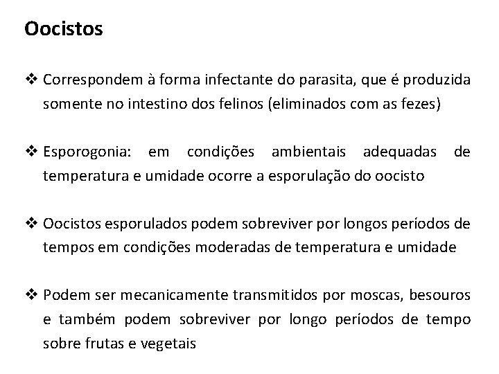 Oocistos v Correspondem à forma infectante do parasita, que é produzida somente no intestino