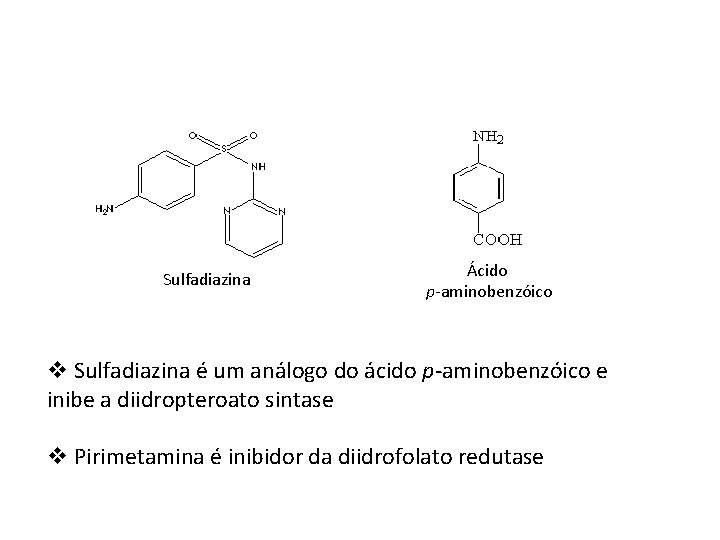 Sulfadiazina Ácido p-aminobenzóico v Sulfadiazina é um análogo do ácido p-aminobenzóico e inibe a