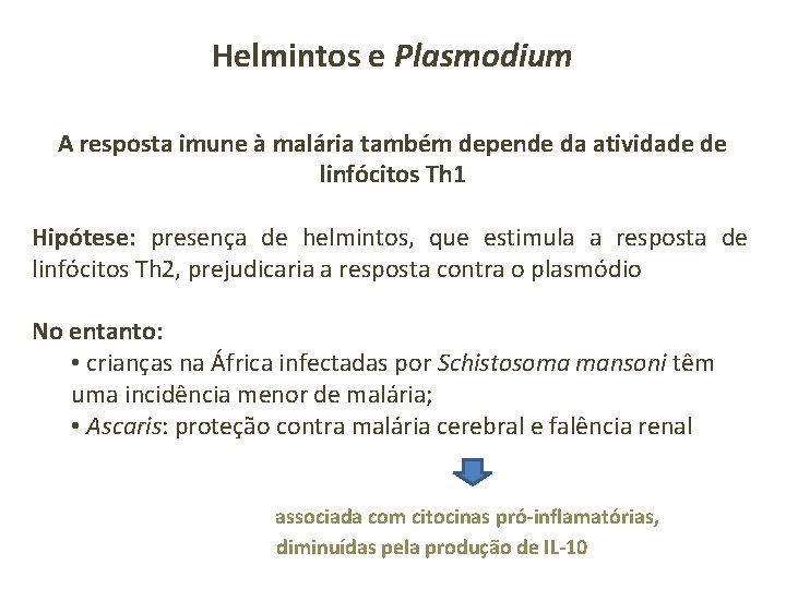 Helmintos e Plasmodium A resposta imune à malária também depende da atividade de linfócitos