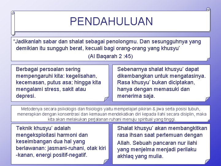 PENDAHULUAN “Jadikanlah sabar dan shalat sebagai penolongmu. Dan sesungguhnya yang demikian itu sungguh berat,