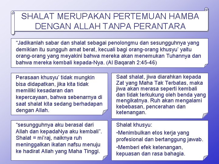 SHALAT MERUPAKAN PERTEMUAN HAMBA DENGAN ALLAH TANPA PERANTARA “Jadikanlah sabar dan shalat sebagai penolongmu