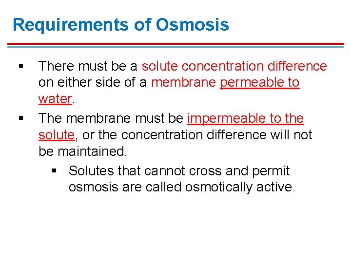 Requirements of Osmosis § § There must be a solute concentration difference on either Requirements of Osmosis § § There must be a solute concentration difference on either