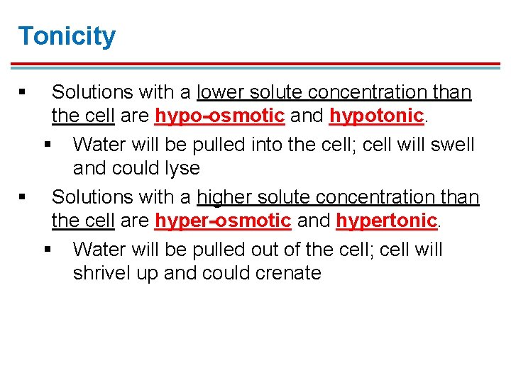 Tonicity § Solutions with a lower solute concentration than the cell are hypo-osmotic and Tonicity § Solutions with a lower solute concentration than the cell are hypo-osmotic and
