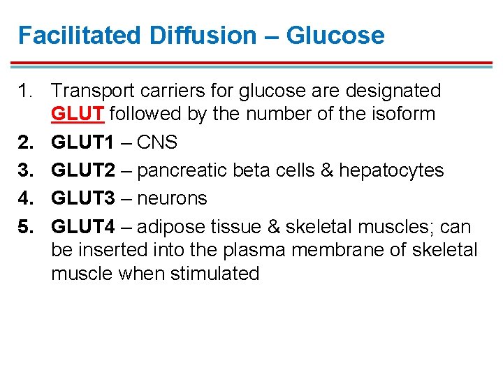 Facilitated Diffusion – Glucose 1. Transport carriers for glucose are designated GLUT followed by Facilitated Diffusion – Glucose 1. Transport carriers for glucose are designated GLUT followed by