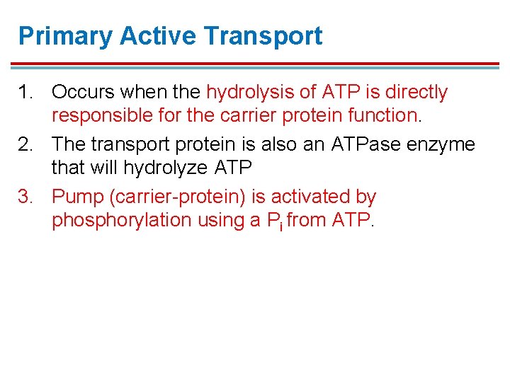 Primary Active Transport 1. Occurs when the hydrolysis of ATP is directly responsible for Primary Active Transport 1. Occurs when the hydrolysis of ATP is directly responsible for