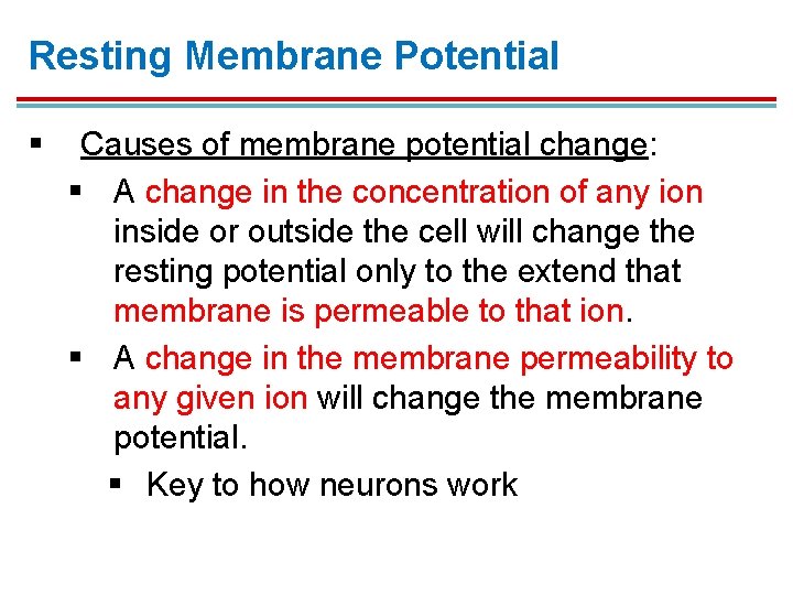 Resting Membrane Potential § Causes of membrane potential change: § A change in the Resting Membrane Potential § Causes of membrane potential change: § A change in the