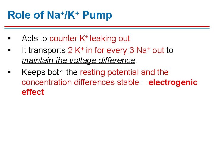 Role of Na+/K+ Pump § § § Acts to counter K+ leaking out It Role of Na+/K+ Pump § § § Acts to counter K+ leaking out It