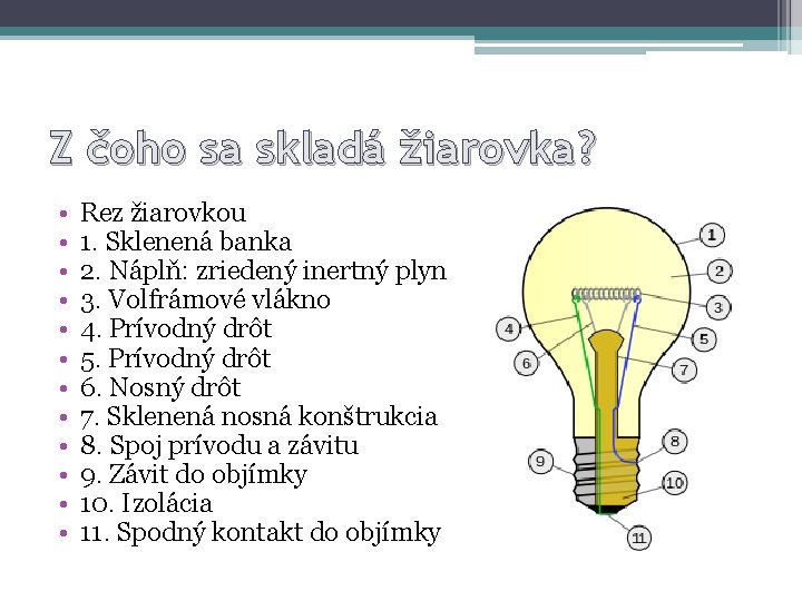 Z čoho sa skladá žiarovka? • • • Rez žiarovkou 1. Sklenená banka 2.